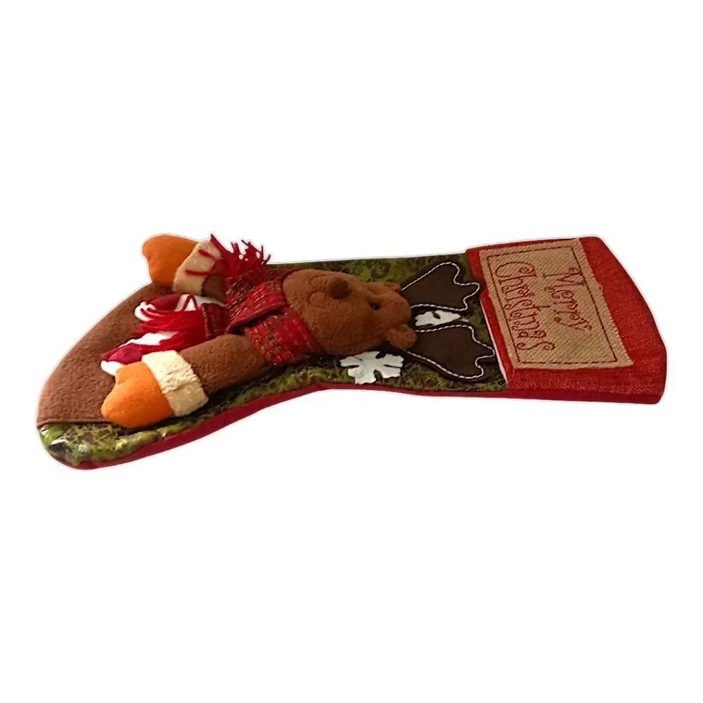 Reindeer‎ Moose Christmas Stocking Plush Folk Art Cabin Rustic Farmhouse Holiday